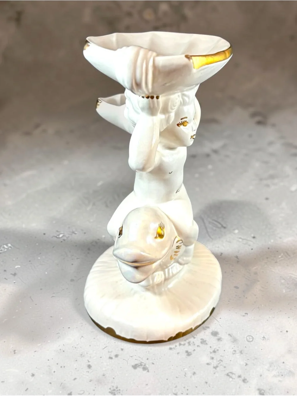 Vintage Holland Mold Ceramic Cherub Riding Dolphin Shell Dish Soap Trinket 8